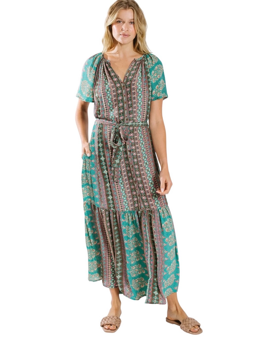 Anthropologie Raga Nuha Blue Floral Belted Maxi Shirt Dress | S